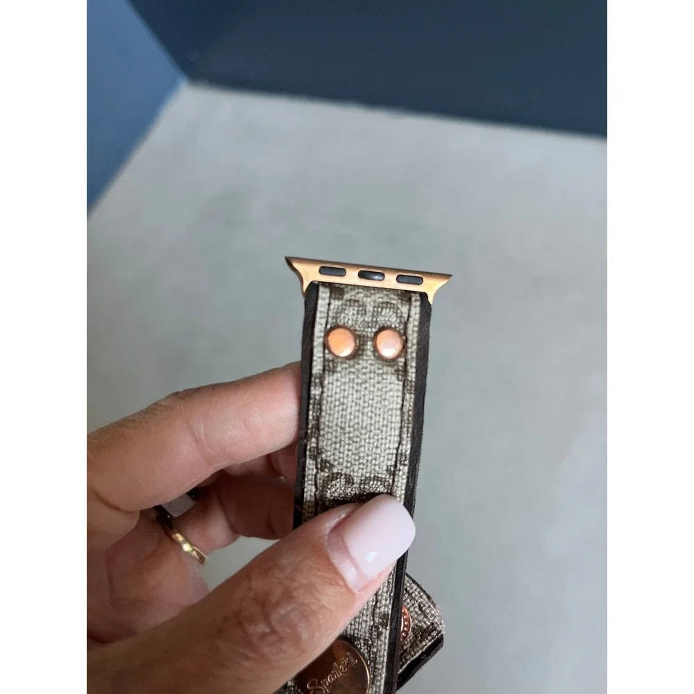 Upcycled Gucci Monogram Leather Watch Band Rose Gold Hardware Luxury Boho Small